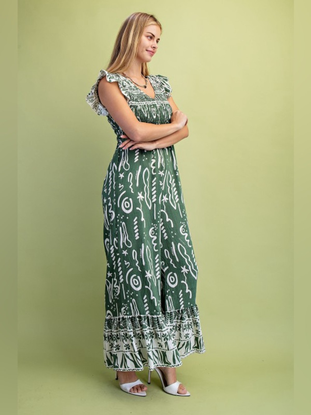 Boutique Matcha Green Boho Wide Leg Jumpsuit Ruffle Sleeve Resort Outfit - Picture 5 of 7